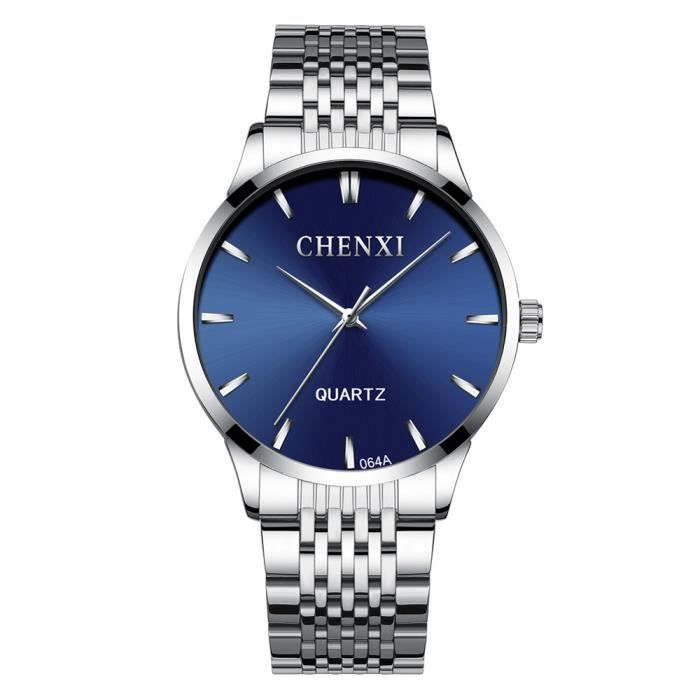 Montre Homme Acier Inoxydable Argentée - Cadran Bleu, Quartz, étanche 30m - Style Luxe Abordable