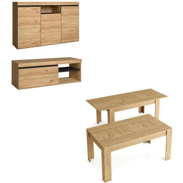 Ensemble Natural Salon Salle à manger buffet-meuble tv 120cm-table extensible chêne/noir Ensemble Natural Salon Salle à manger buffet-meuble tv 120cm-table extensible chêne/noir