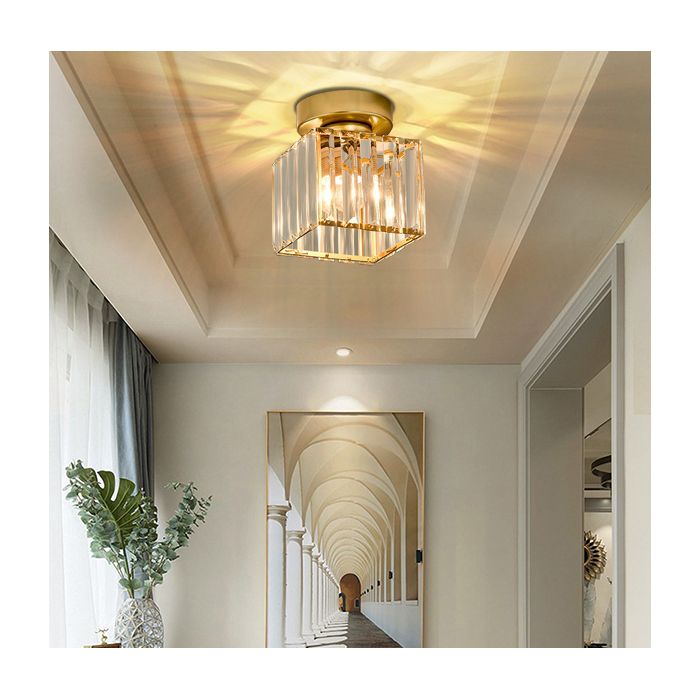 SNO Plafonnier en Cristal Moderne Doré E27 Luminaire Lustre Cuboïde en Cristal Lampe de Plafond Semi-Encastré de Porche Couloir
