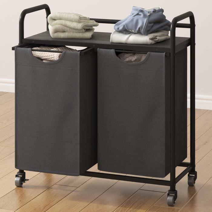 Panier à linge 2 compartiments, 40lpanier, avec étagère,en tissu oxford amovible,blanc+chêne clair
