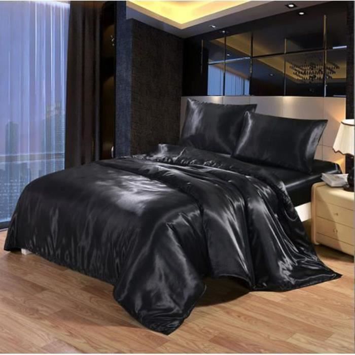Parure de drap en Soie Satinée - Parure de lit 4 Pcs = 2 Taies doreiller 1 Drap-Housse 1 Housse de Couette - 220x240cm