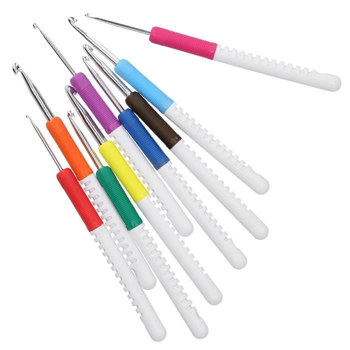 Ensemble Crochet Tunisien 9 Pièces - Aluminium Avec Poignée Silicone - Multicolore