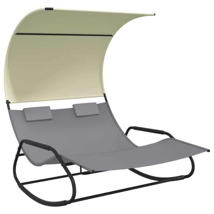 chaise longue double à bascule avec auvent gris et crème hao-0d060401317588
