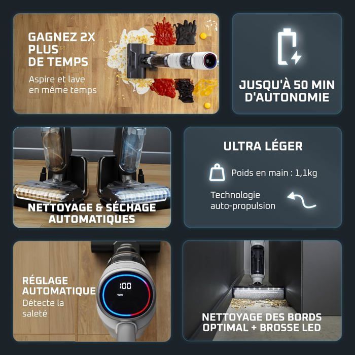 Aspirateur Laveur Sans Fil Lism Proscenic 850T - Autonomie 120 Min - Brosse Rotative