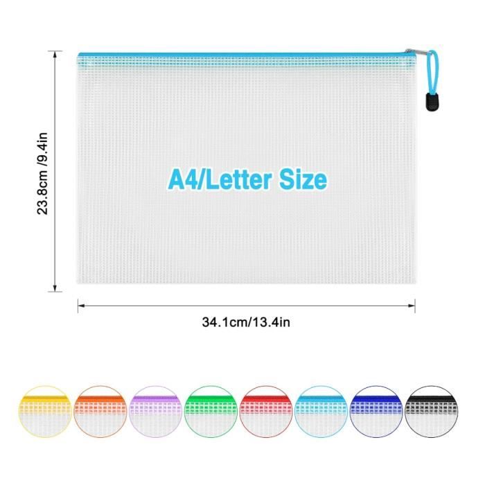 Pochettes Documents Zippées A4 - Lot De 10 - Portefeuille En Maille Transparente - Couleurs Assorties