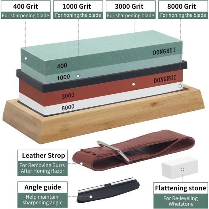Kit Aiguisage Couteaux 4 Pierres À Eau 400 1000 3000 8000 Grain Base Bambou Antiderapante Guide Angle Cuir 91806789