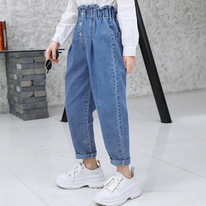 Inlzdz Enfant Fille Pantalon en Denim Jeans Taille Haute Elastique Mode Pants 5 14 Ans Bleu Bleu Cdiscount Pret a Porter