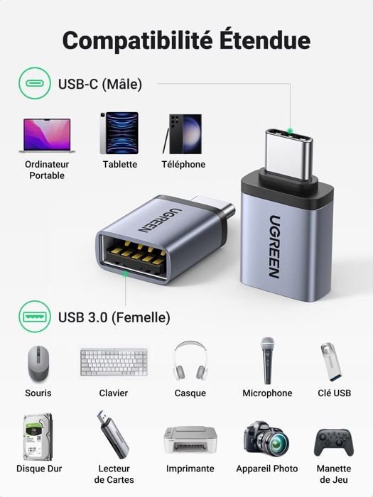 Adaptateur USB Vers USB-C 120W - 2 Pièces - Transfert 10Gbps, Charge Rapide, Audio - Pour Ordinateur, Téléphone