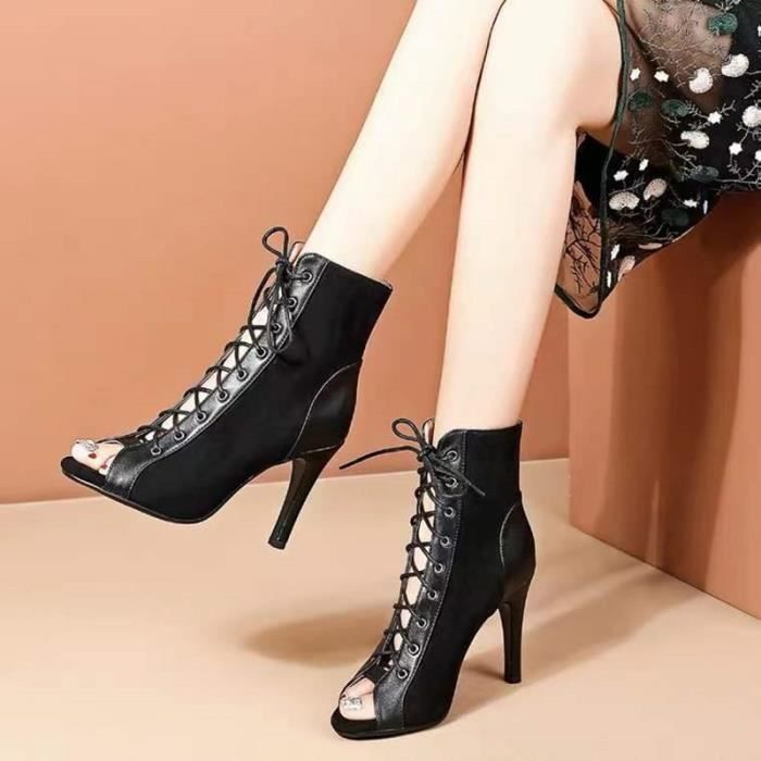 Chaussures de danse de soiree a talons aiguilles noirs pour femmes Marque Modele Daim Lacets