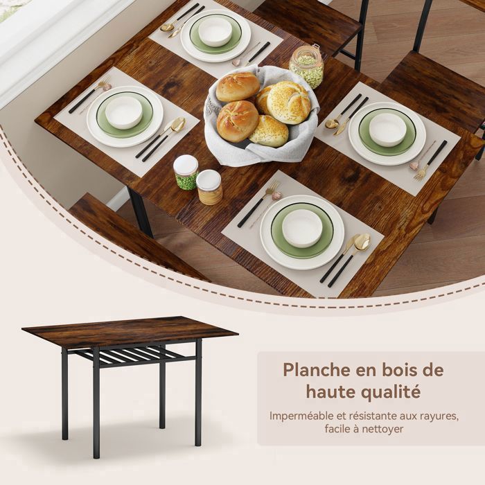 Ensemble Table à Manger Avec 2 Chaises Et Banc - Style Rustique Marron Pour Cuisine Et Salon