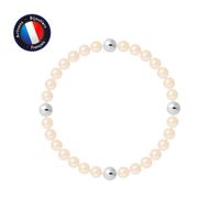 PERLINEA - Bracelet - Véritable Perle de Culture d'Eau Douce Ronde 5-6 mm Rose Naturel - Câble Elastiqué - Bijoux Femme