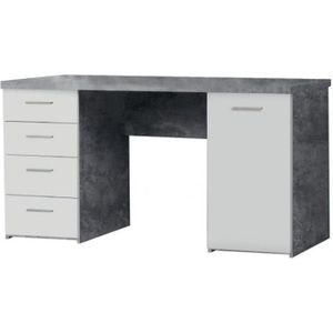BUREAU  Bureau 4 tiroirs 1 porte, blanc et décor béton gris, 145 cm - ALVIN