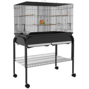 VOLIÈRE - CAGE OISEAU Grand cage oiseaux - PawHut - avec support et roulettes - pour cacatoès perruche canaris perroquet - acier - 85 x 49 x 119 cm -