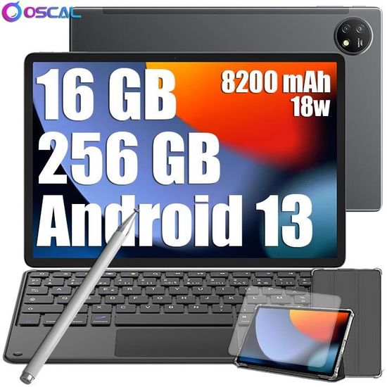 Oscal Pad 16 Tablette Tactile Android 13 10,51" 16Go+256Go-SD 1To 8200mAh 13MP+8MP 5G Wifi Stylet Gratuit Gris Avec Clavier K1