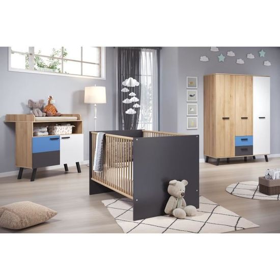 Chambre bébé trio MATS COLOR personnalisable - Lit 70x140 cm + Commode 2 portes + Armoire - Décor anthracite et blanc mat -