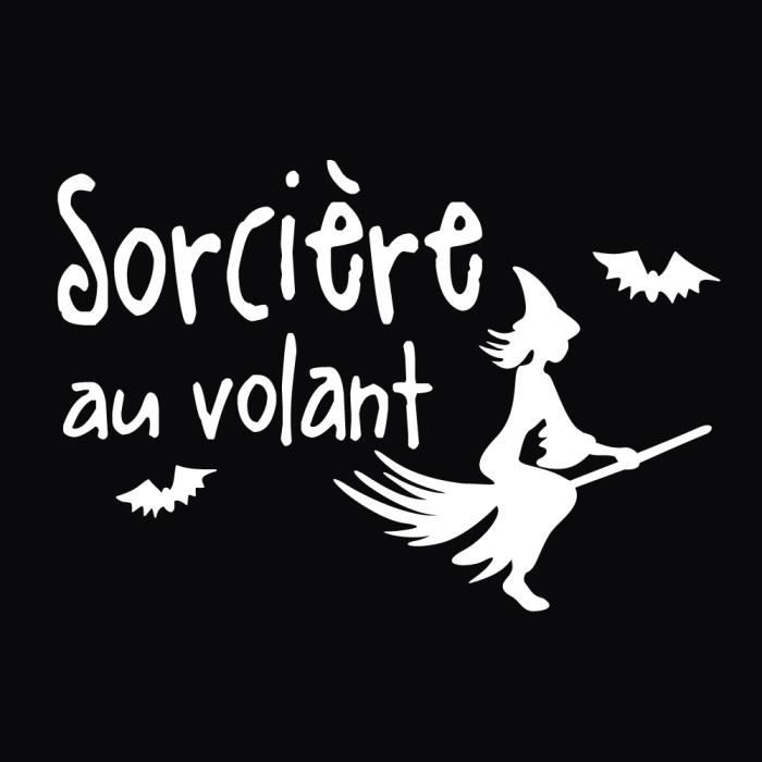 Sticker Bébé au Volant - Sorcière au Volant - Dimensions 8,5 cm x 12,5 cm - Couleur Blanc - Aspect Mat - Adhésif Autocollant Pour