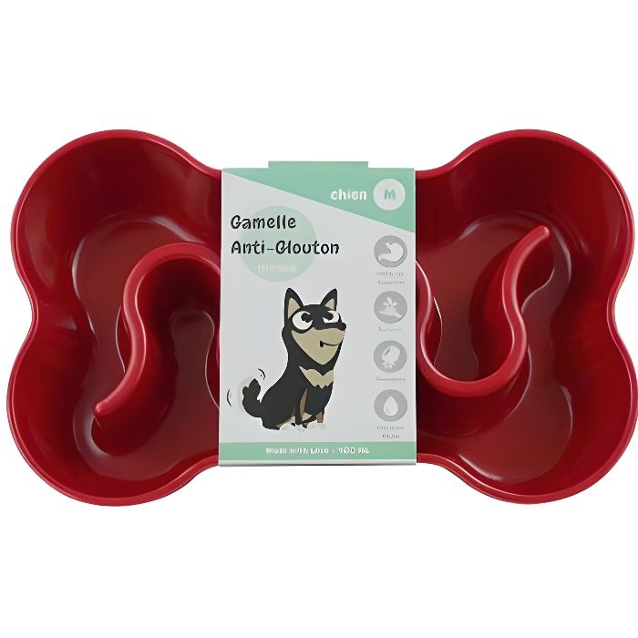 inooko - Gamelle Anti-glouton pour chien de petite et de moyenne taille, en forme d'Os, Antidérapante, Rouge