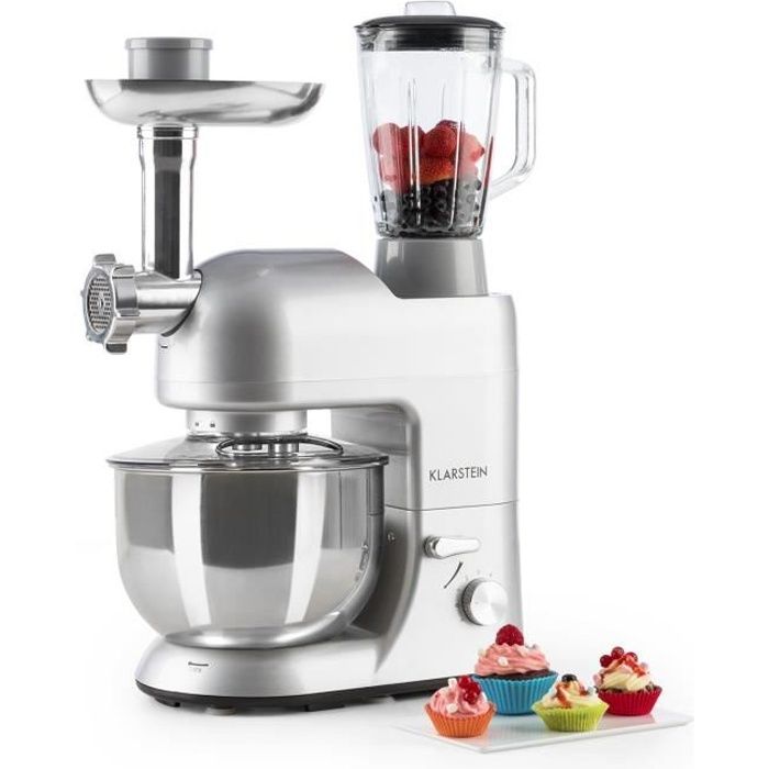 Klarstein Lucia Argentea Robot de cuisine multifonction avec mixeur / blender , pétrin & hachoir (1200W , bol inox 5L , 6 vitesses)