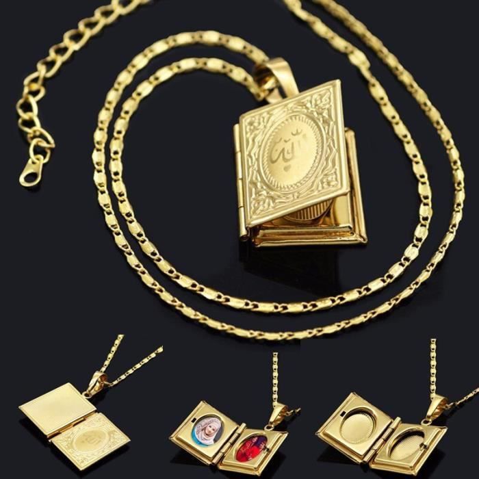 Collier musulman de couleur or, Allah, livre du coran, pendentif ouvrable, boîte de médaillon de Photo, bijoux isla Gold -THJR9916