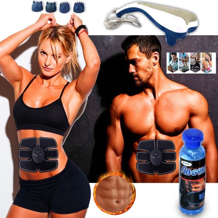 Ceinture Abdominale Amincissante - Fonte de Graisse + Appareil de massage Top Body challenge Sport Fitness + 2 Gels minceur