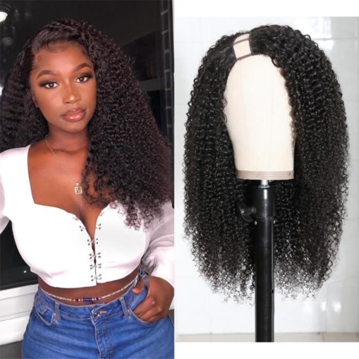 18-Sans Colle U Partie Perruque Afro Crépus Bouclés Cheveux Humains Moyen Ouvert U Forme Perruques Puruvien Remy Cheveux