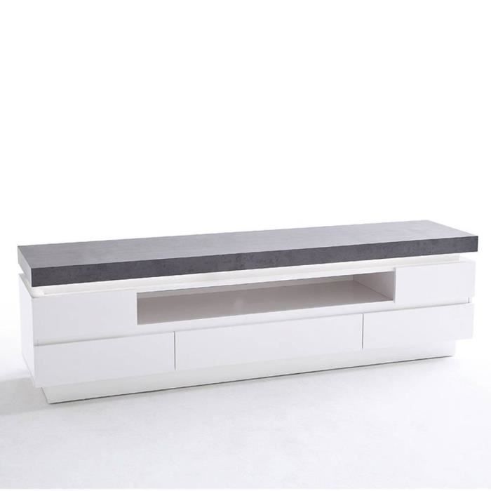 Meuble TV design ATLANTA laqué blanc mat et imitation béton 5 tiroirs LED inclus blanc Bois Inside75