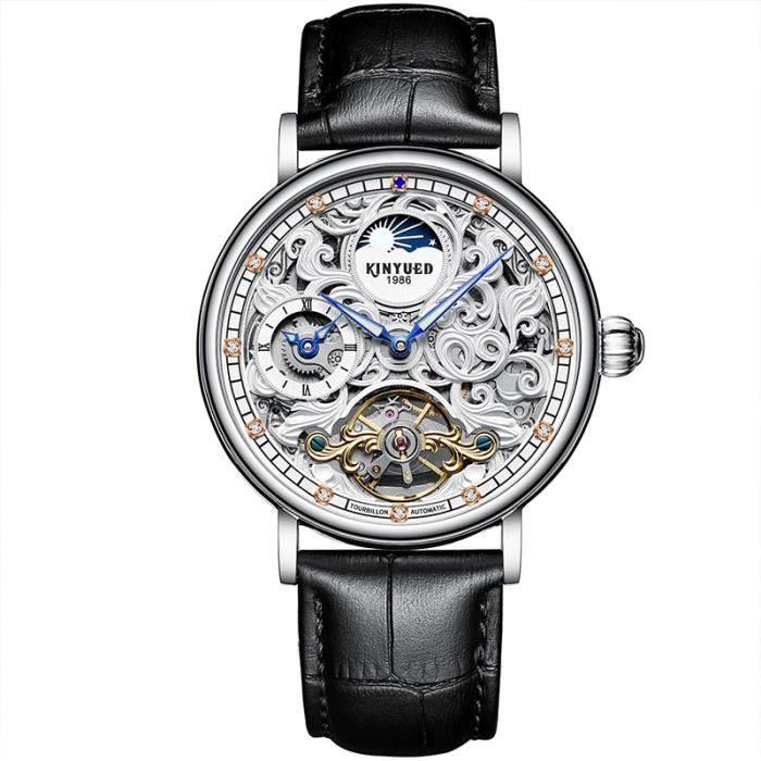Montre homme mécanique mode étanche sport automatique cadran squelette bracelet en cuir de marque noir afficher la phase de lune