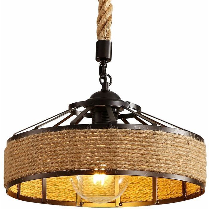 TOKIUS Lustre en Corde de Chanvre Lampe à Suspension Rétro en Métal Noir Plafonnier E27 Luminaire pour Salon Salle Chambre