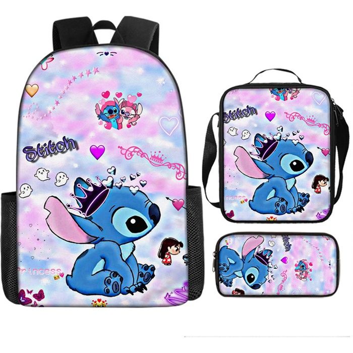 Sac à Dos Stitch 3 Pièces BOSSETY - Avec Lunch Box Et Trousse, Ensemble Scolaire Pour Enfants Et Ados