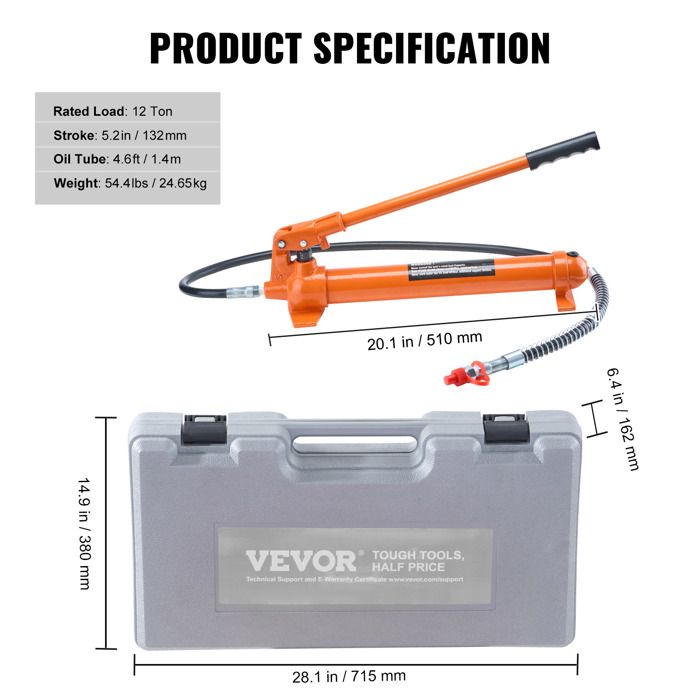 Vérin Hydraulique 12 Tonnes VEVOR – Kit Porta Power Complet Avec Pompe, Tuyau 1,4 M, Mallette – Presse Carrosserie, Redressage Châssis Auto