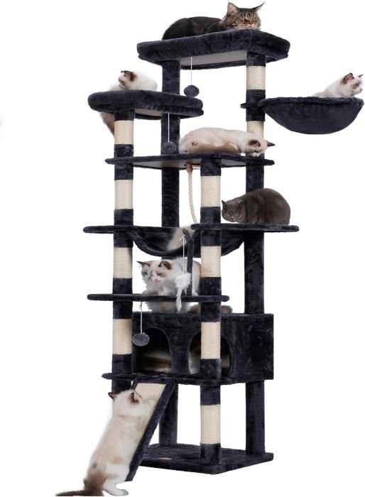 Comparer les prix de Arbre à Chat, Hauteur 200 cm, avec 11 Griffoirs, 2 Plate-Forme, 1 Planche à Griffer, Niche, Panier, Hamac, 3 Pompons.