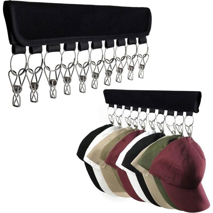 Boîte de rangement pour chapeaux en 2 pièces avec 10 grands clips adaptée pour suspendre des casquettes de baseball des chapeaux