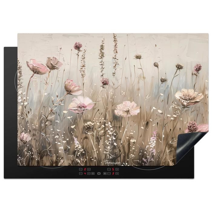 KitchenYeah© Protection Plaque Induction 60x52 cm Protege Deco Cuisine Cache Protège De Cuisson Accessoires Fleurs - Vintage - Pastel - Rose - Blanc