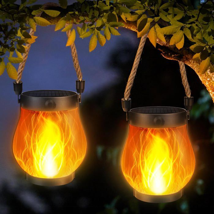 Lampe Solaire Exterieur Jardin Suspendues 2 Pièces Lumiere Solaire Exterieur avec Effets de Flammes Réalistes Étanche Lanterne