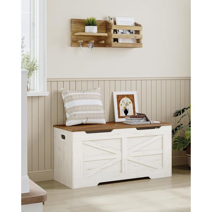 Banc de Rangement Coffre pour Couvertures à Chaussures 100 cm Coffre de Rangement avec 2 Charnières de Sécurité Blanc Marron