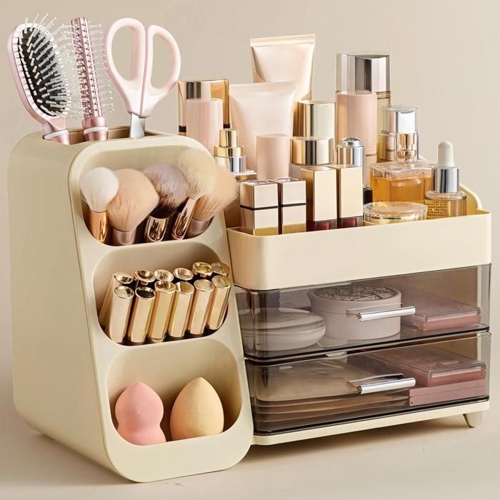 Organiseur De Maquillage Avec Support Pinceaux - Grand Rangement Plastique Transparent, Pour Coiffeuse