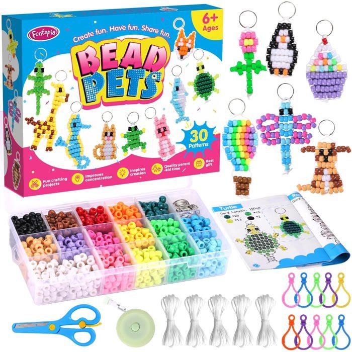 Eenua – Kit Porte-clés Perles Animaux DIY – 12 Modèles (3 Phosphorescents) – Dès 6 Ans – Plus De 900 Perles