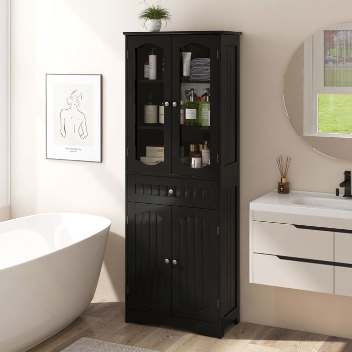 GIANTEX Meuble de Salle de Bain Armoire de Rangement Haute Portes en Verre et Tiroir Étagères Réglables 60 x 30 x 160 cm Noir
