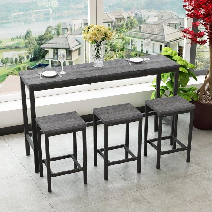Table De Bar Haute 100x50x90 Cm + 4 Tabourets Gris - Ensemble Cuisine/Extérieur Moderne Et Gain De Place
