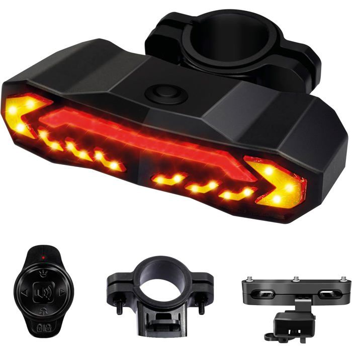 Clignotant vélo & Alarme Velo Inclus 2 Supports Fixations Feu arrière avec télécommande 5 Modes d’éclairage Recharge USB