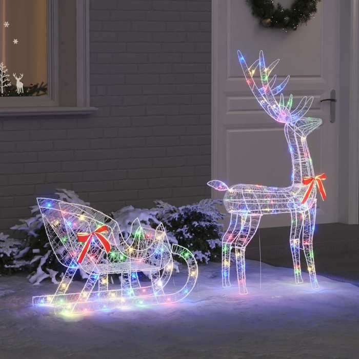 Décoration Noël Traîneau à Renne LED - Sculpture Acrylique Blanche 128.5 Cm - Lumières Intégrées USB - Pour Intérieur Et Extérieur - Moderne Et Festif - 10