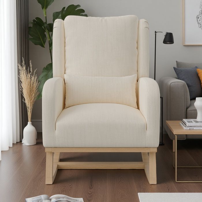 Fauteuil à bascule Rocking chair en tissu lin - Beige - Style scandinave moderne - pieds en bois massif pour Salon Chambre