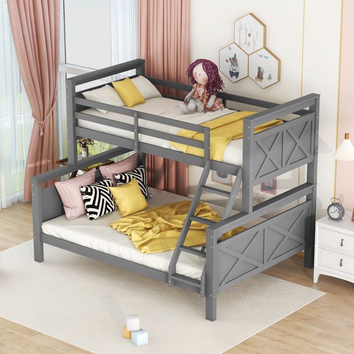 Lit superposé enfant 90/140 x 200 cm en pin gris – séparables sommier à lattes sans matelas