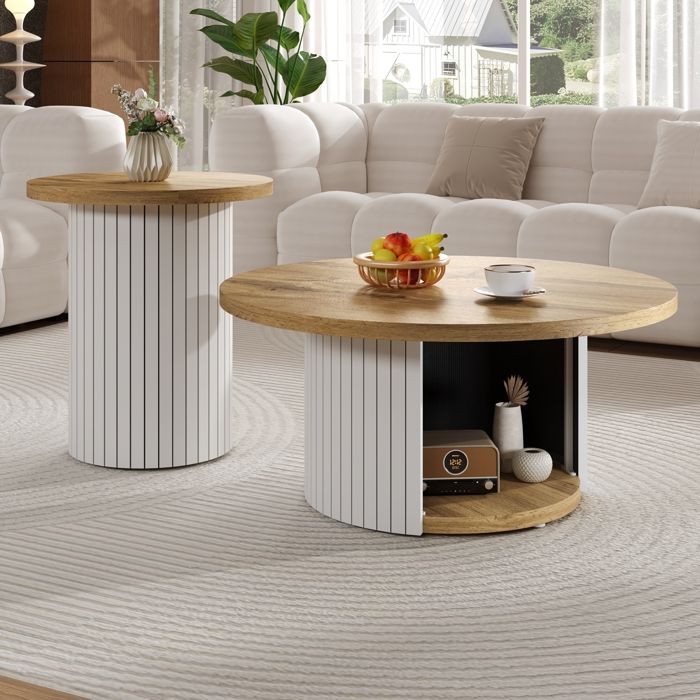 Lot de 2 Tables Basses Rondes Table Dappoint Moderne avec Lattes en Bois Naturel Table de Salon Multifonctionnelle Pour Bureau