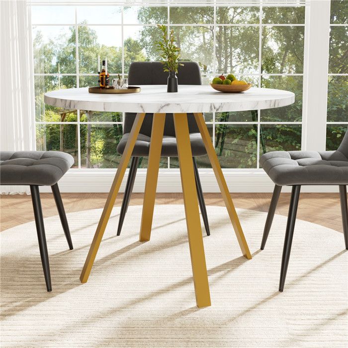 Table à Manger Ronde Scandinave 80 cm Blanche Table Salle à Manger Effet Marbre Design Pied en Métal Doré pour 2 à 4 Personnes