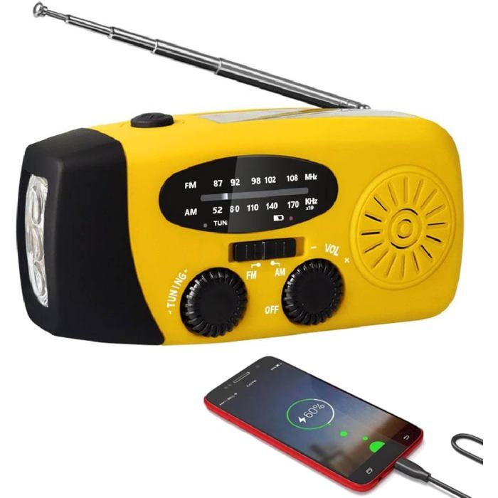 Radio solaire KCVV - Équipement de survie complet - Générateur portable à manivelle 2000 mAh lampe torche fonction SOS (Jaune)