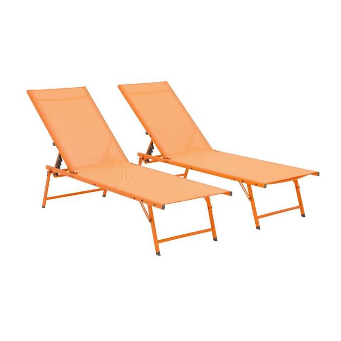 Lot de 2 bains de soleil acier textilène inclinable 4 positions Tropea orange. 165 x 54.5 x 82.5 cm