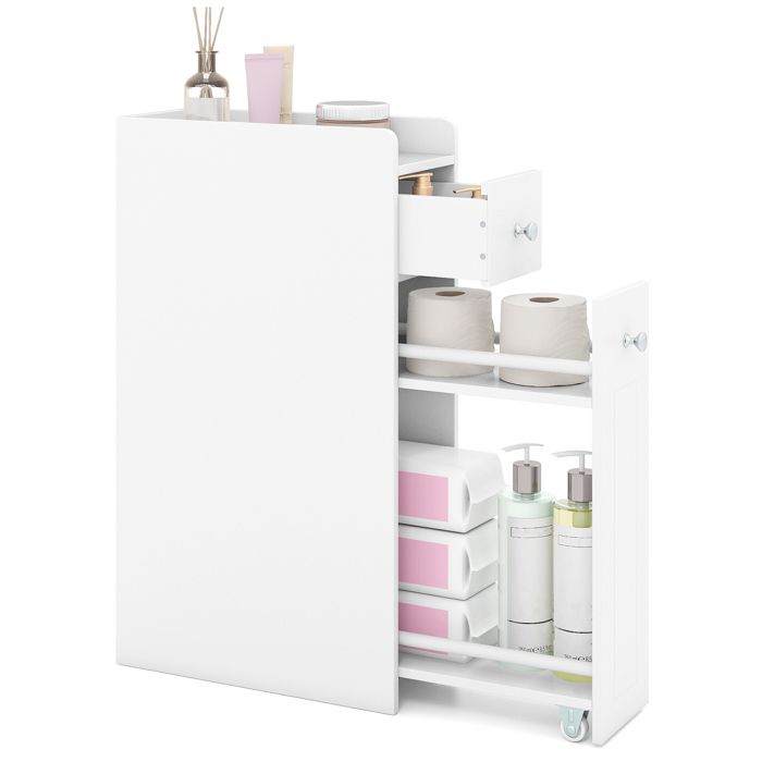 COSTWAY Meuble Toilettes WC Rangement Etroit - 4 Niveaux Tiroirs Coulissants sur Roulettes pour Salle de Bain 40x18x70cm Blanc
