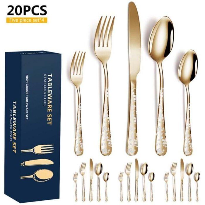 Lot de couverts en acier inoxydable - ZOR® - 20 pièces - Doré - Motif floral - Acier inoxydable poli - Facile à laver