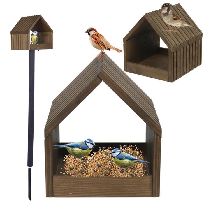 MODO24 Mangeoire oiseaux sur pied bois étanche avec toit nichoir cabane jardin/balcon toute saison montée 117x24x22 cm marron